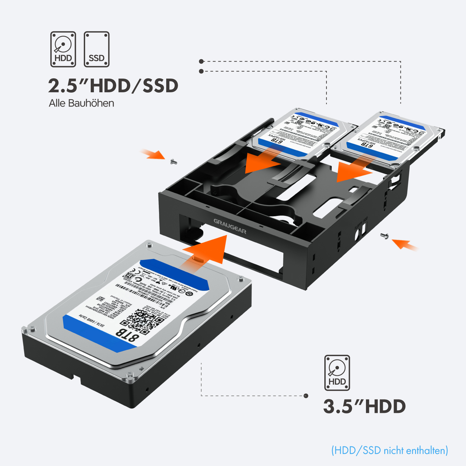 Ein 3,5-Zoll-HDD-Gehäuse mit zwei 2,5-Zoll-HDDs und Schrauben.