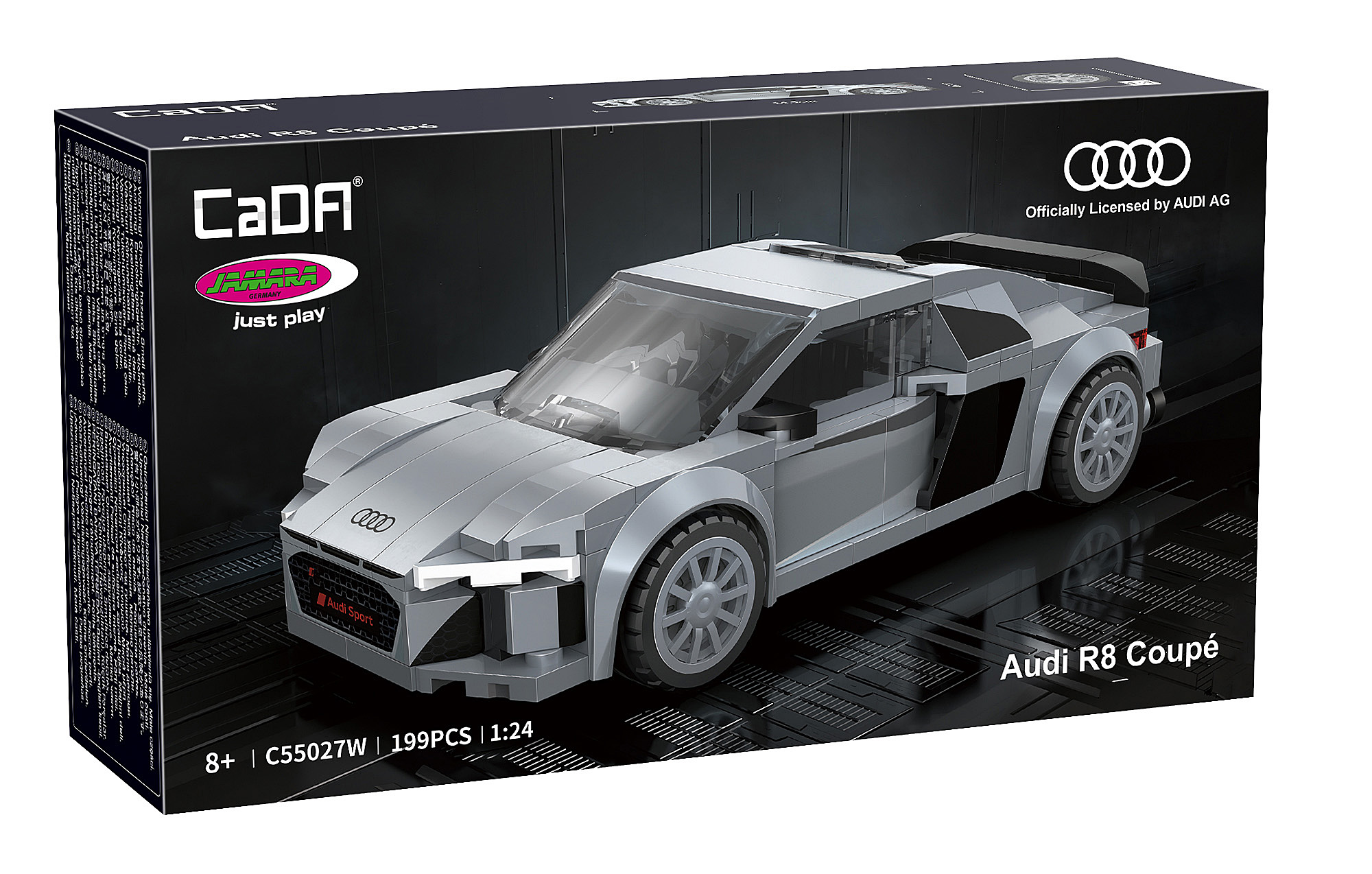 Graues Audi R8 Coupé-Bausteinsetz auf schwarzem Hintergrund, mit Logo.