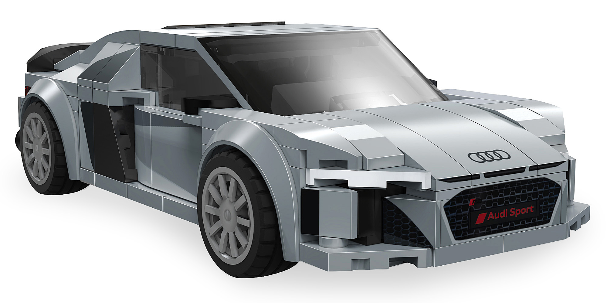 Ein graues Lego-Modellauto mit Audi-Logo und "Audi Sport"-Aufkleber.