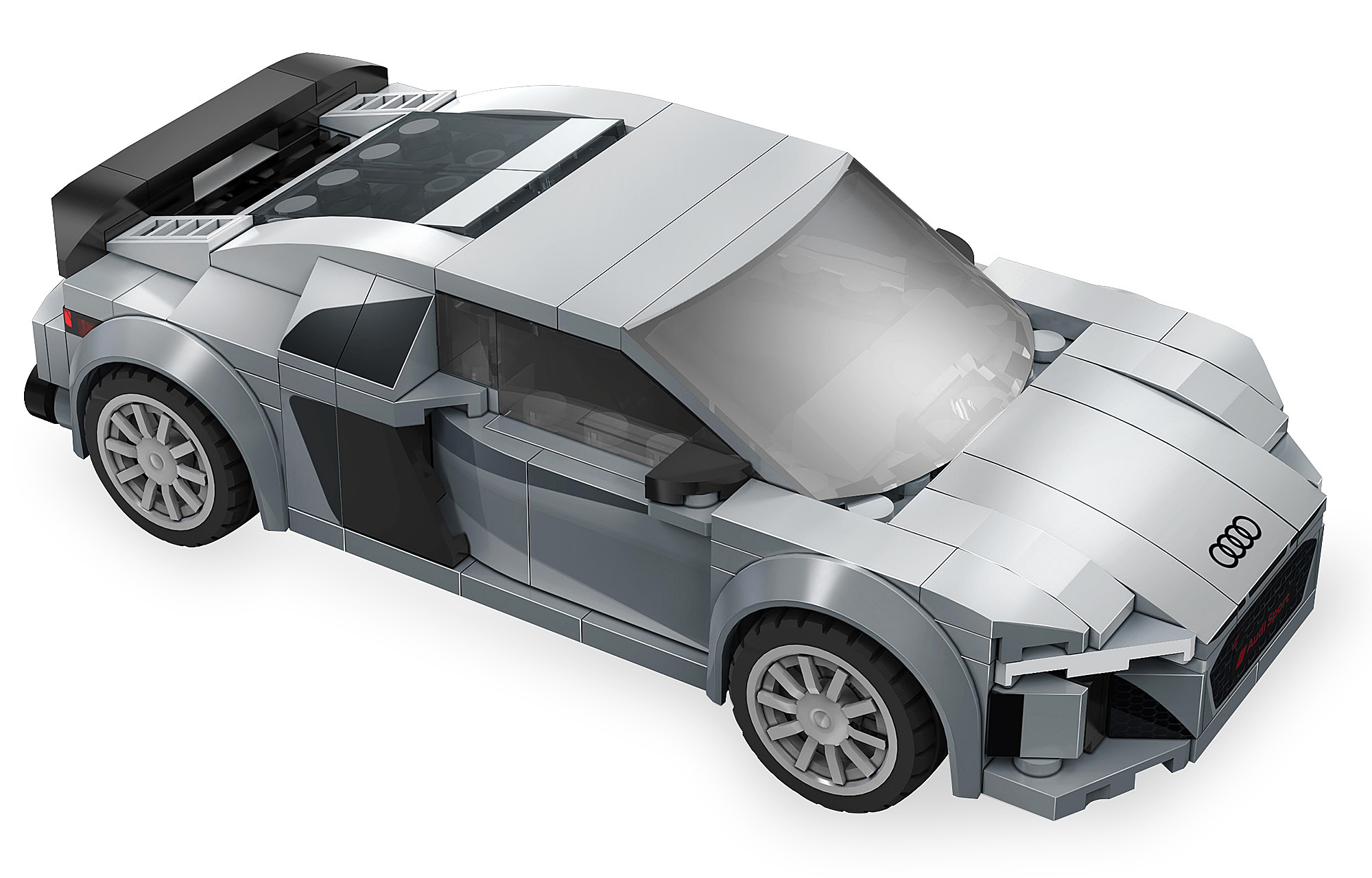 Ein silberner Lego Audi R8 mit schwarzen Akzenten und getönten Scheiben.
