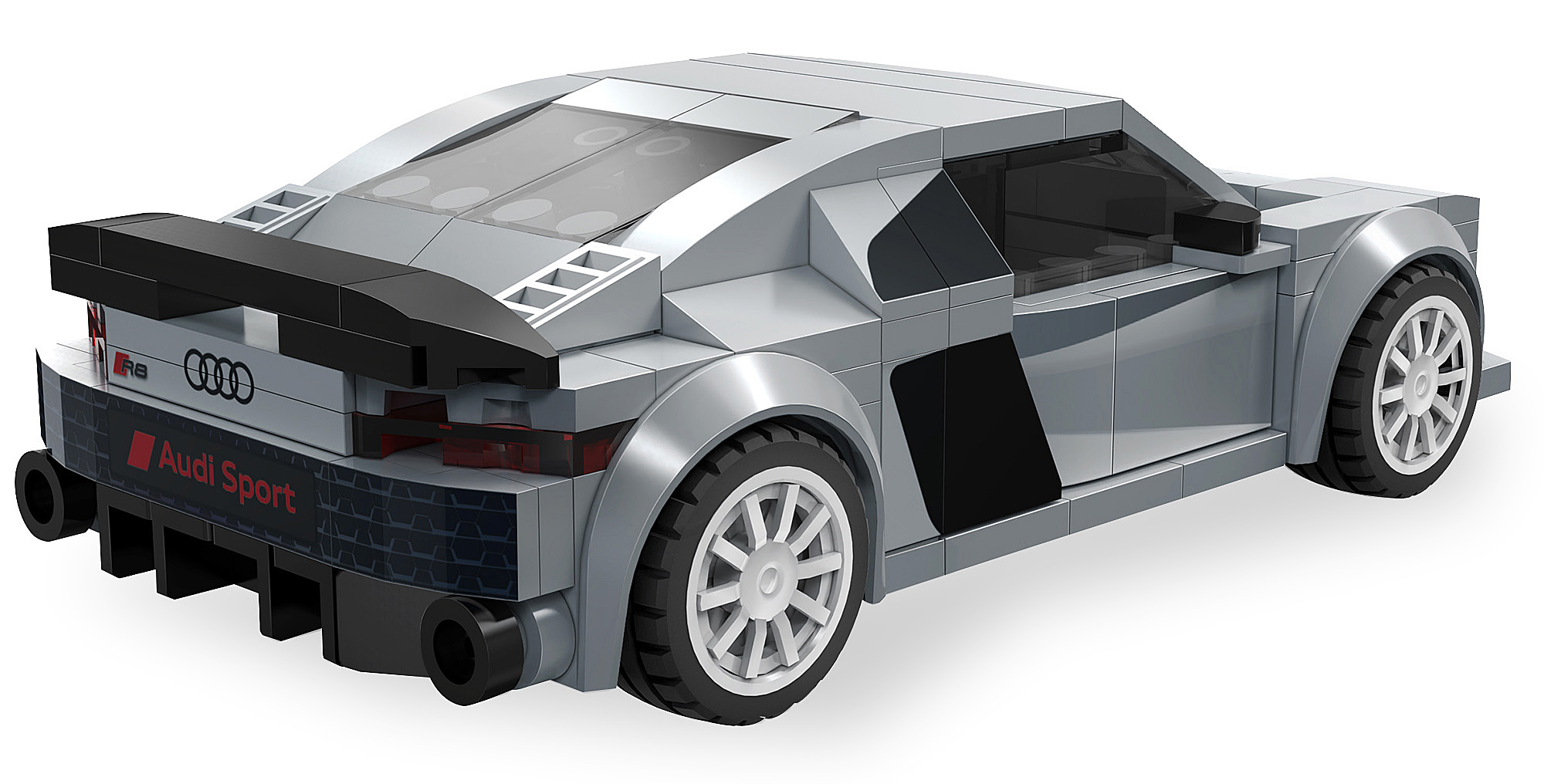 Graues Lego-Modell eines Audi R8 mit schwarzem Spoiler und Audi Sport-Aufdruck.