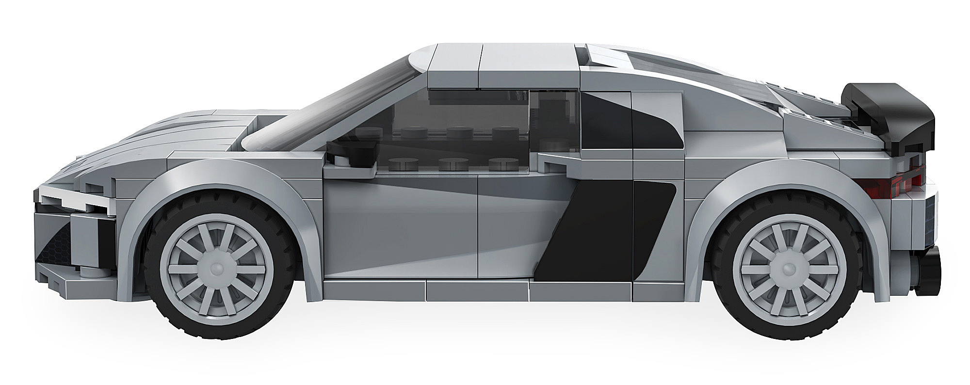 Ein graues Lego-Automodell mit schwarzen getönten Fenstern und einem Spoiler.