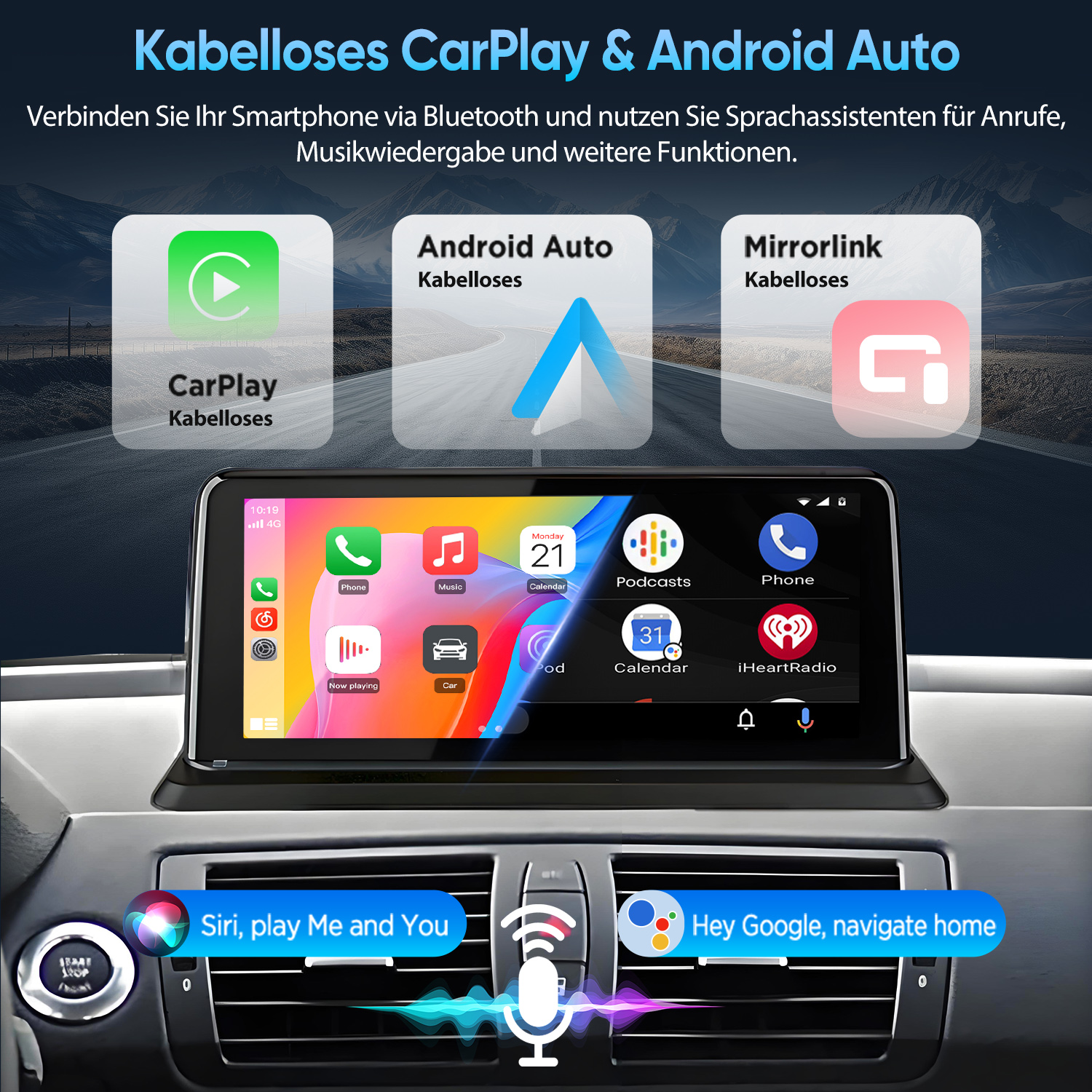 Auto-Infotainment-System zeigt CarPlay, Android Auto, Mirrorlink und Sprachassistenten an.