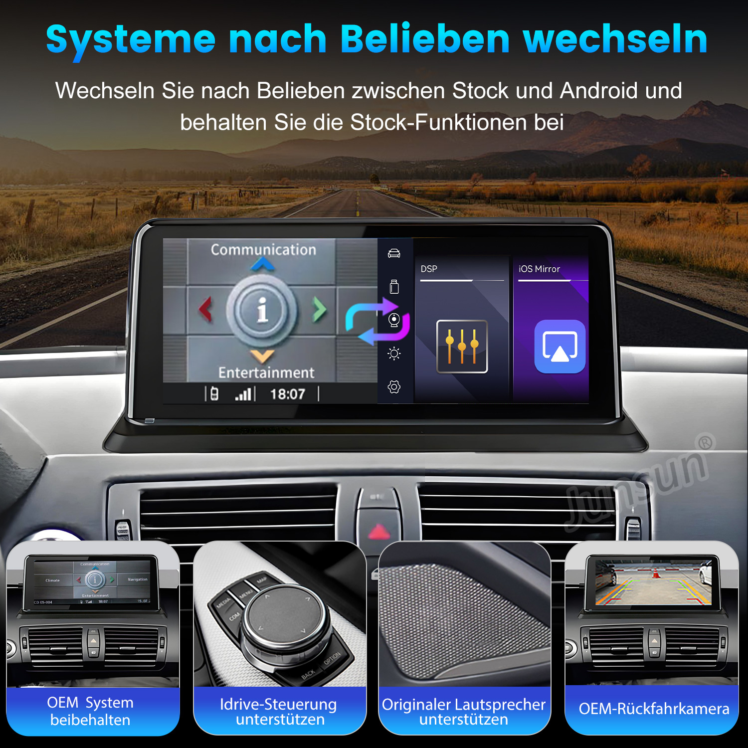 Ein Auto-Infotainmentsystem mit Navigations-, Kommunikations- und Unterhaltungsoptionen.