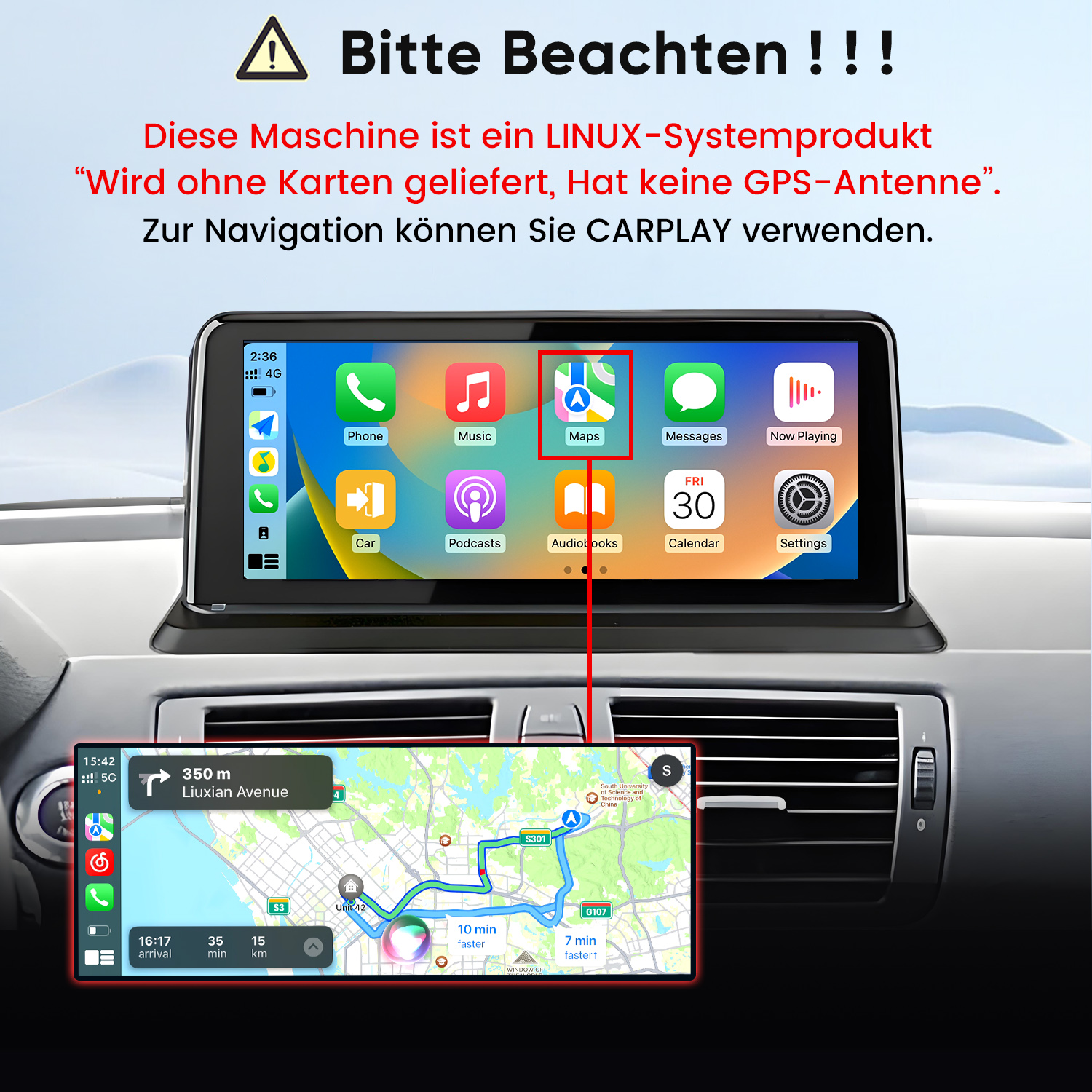 Warnung: Linux-System, keine Karten/GPS. Navigation über CarPlay.
