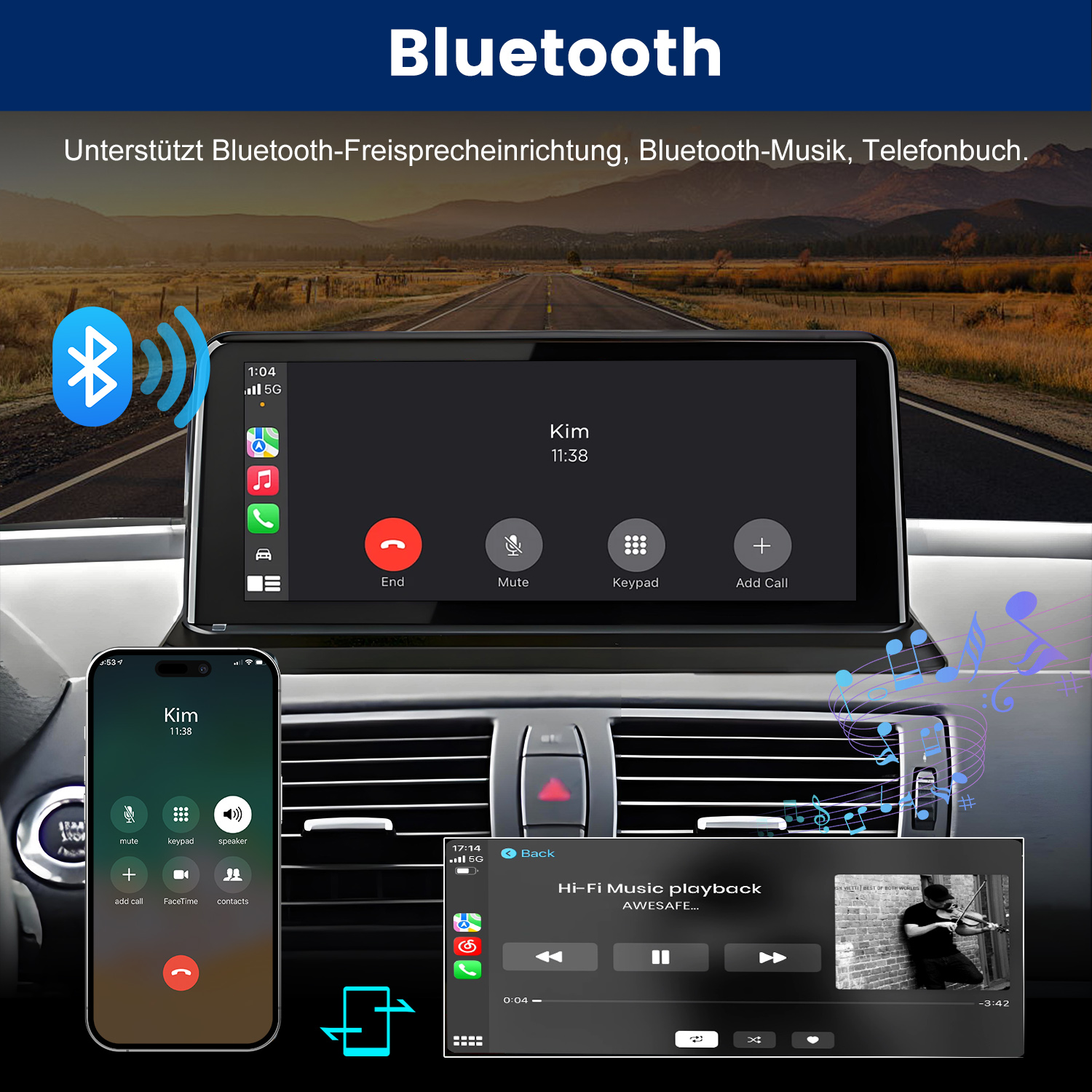 Auto-Infotainmentsystem mit Bluetooth-Anzeige, Telefon und Musikwiedergabe.