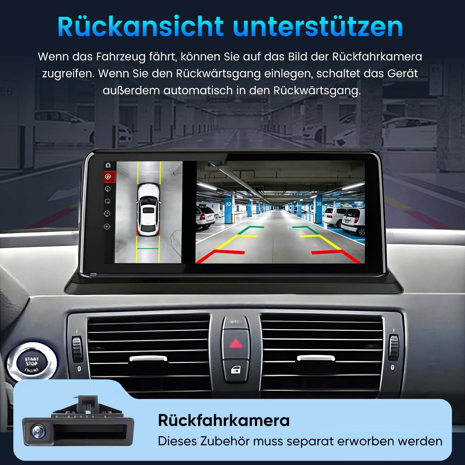 Ein Auto-Infotainmentsystem mit Rückfahrkamera-Ansicht im Parkhaus.