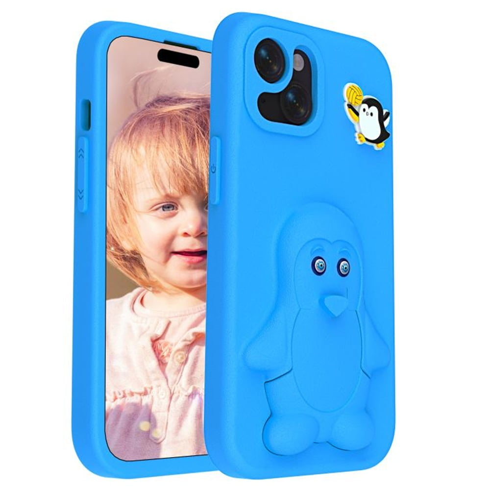 Ein leuchtend blaues Handyhülle mit einem niedlichen Pinguin-Design. Ein kleines Pinguin-Motiv ist oben rechts, ein größeres Pinguin-Motiv ist vorne.