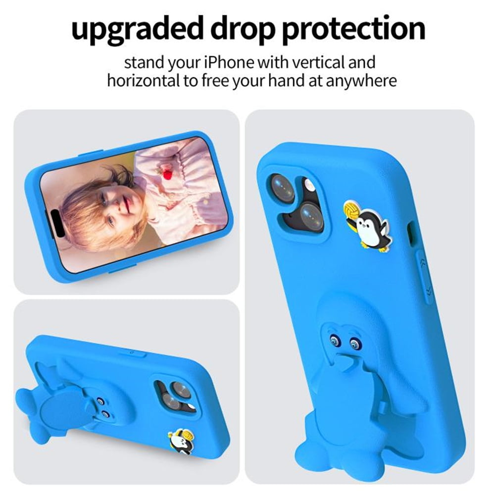 Blaue Handyhülle mit Pinguin-Design und integriertem Ständer.