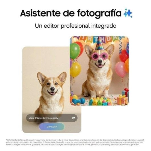 Un corgi con gorro y gafas de fiesta sentado ante un pastel de cumpleaños. Otro corgi a la izquierda.