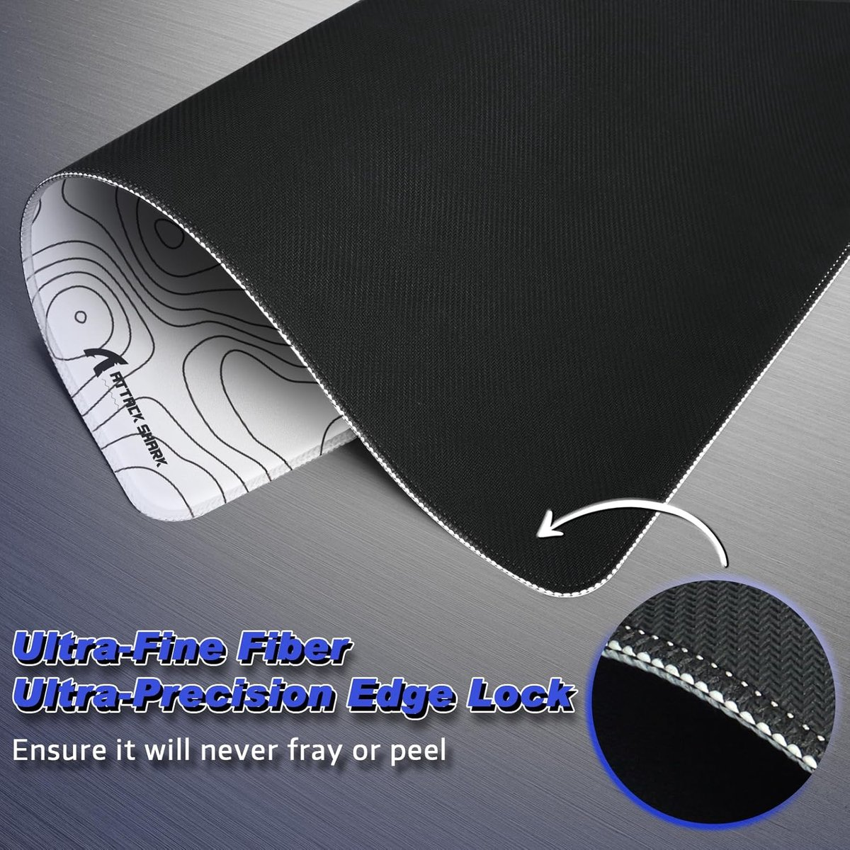 Black mousepad with white topographic underside and 'Attack Shark' logo.
