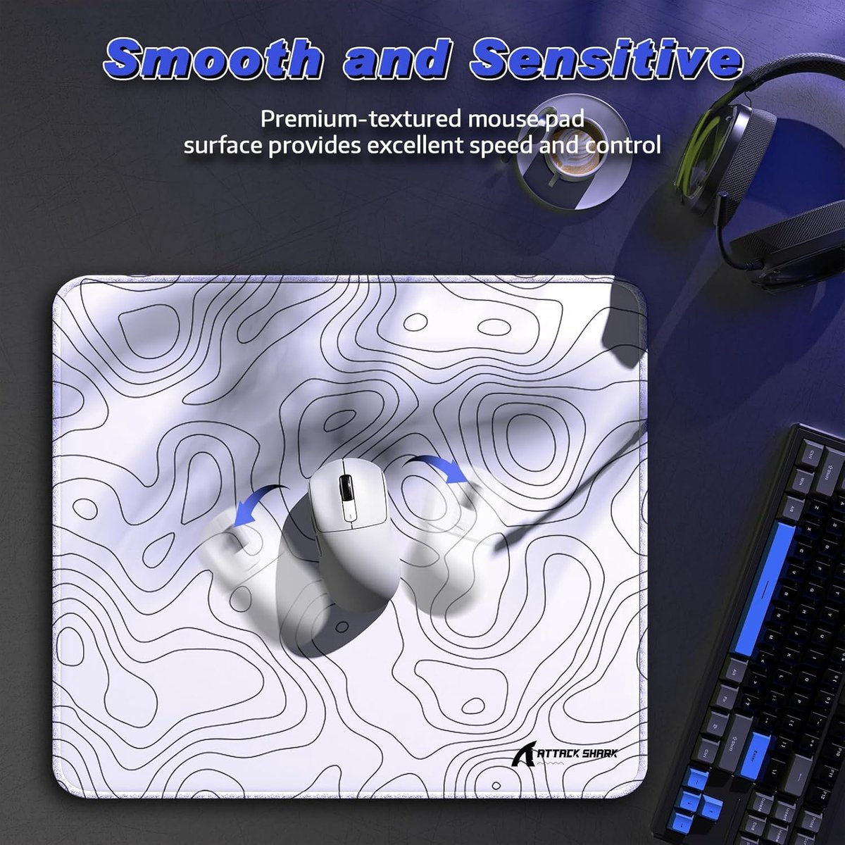 White mouse on a map with black lines, beside a keyboard and headphones.