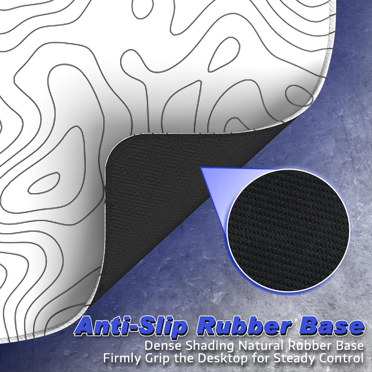 Topographic pattern mousepad with black anti-slip rubber base detail.