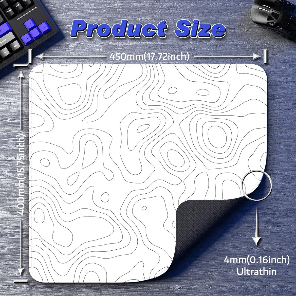 A white mousepad with black topographic lines, 400x450mm, 4mm thick.
