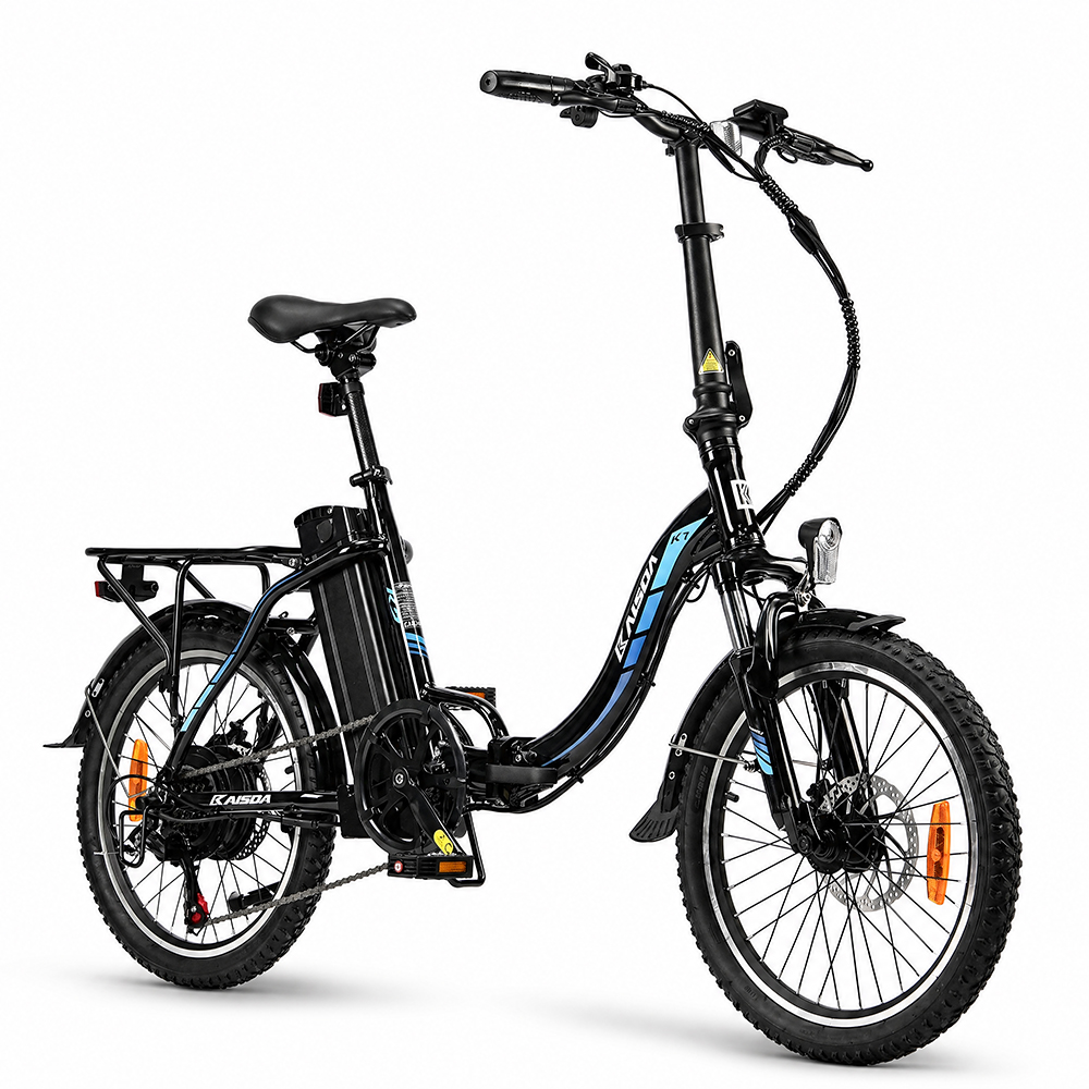 Schwarzes faltbares E-Bike mit Gepäckträger, breiten Reifen und blauen Akzenten.