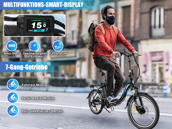 Mann auf E-Bike mit Multifunktionsdisplay und 7-Gang-Getriebe.
