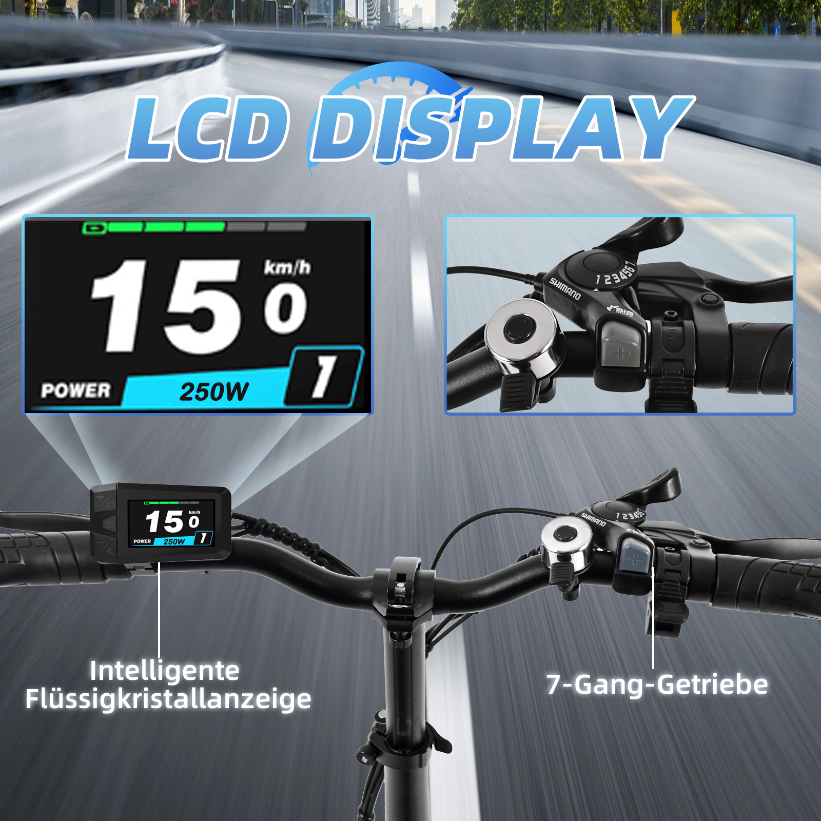 E-Bike Lenker mit LCD-Display, das 15 km/h und 250W anzeigt, und Gangschaltung.