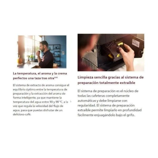 Man drinkt koffie; koffiezetapparaat zetgroep wordt schoongemaakt.
