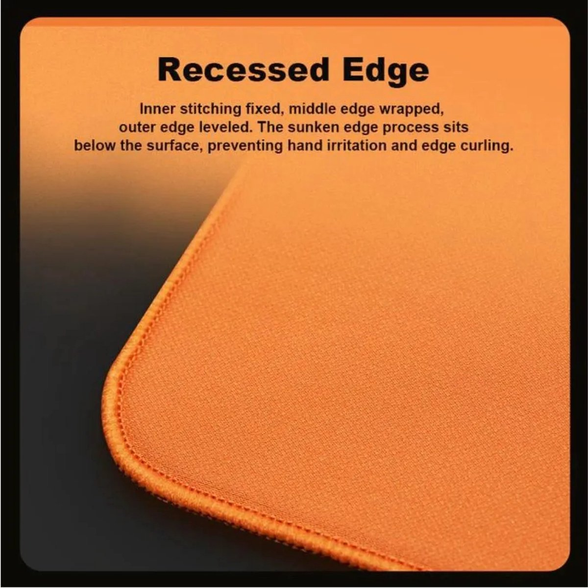 Close-up of an orange mousepad showing a recessed edge with stitching.