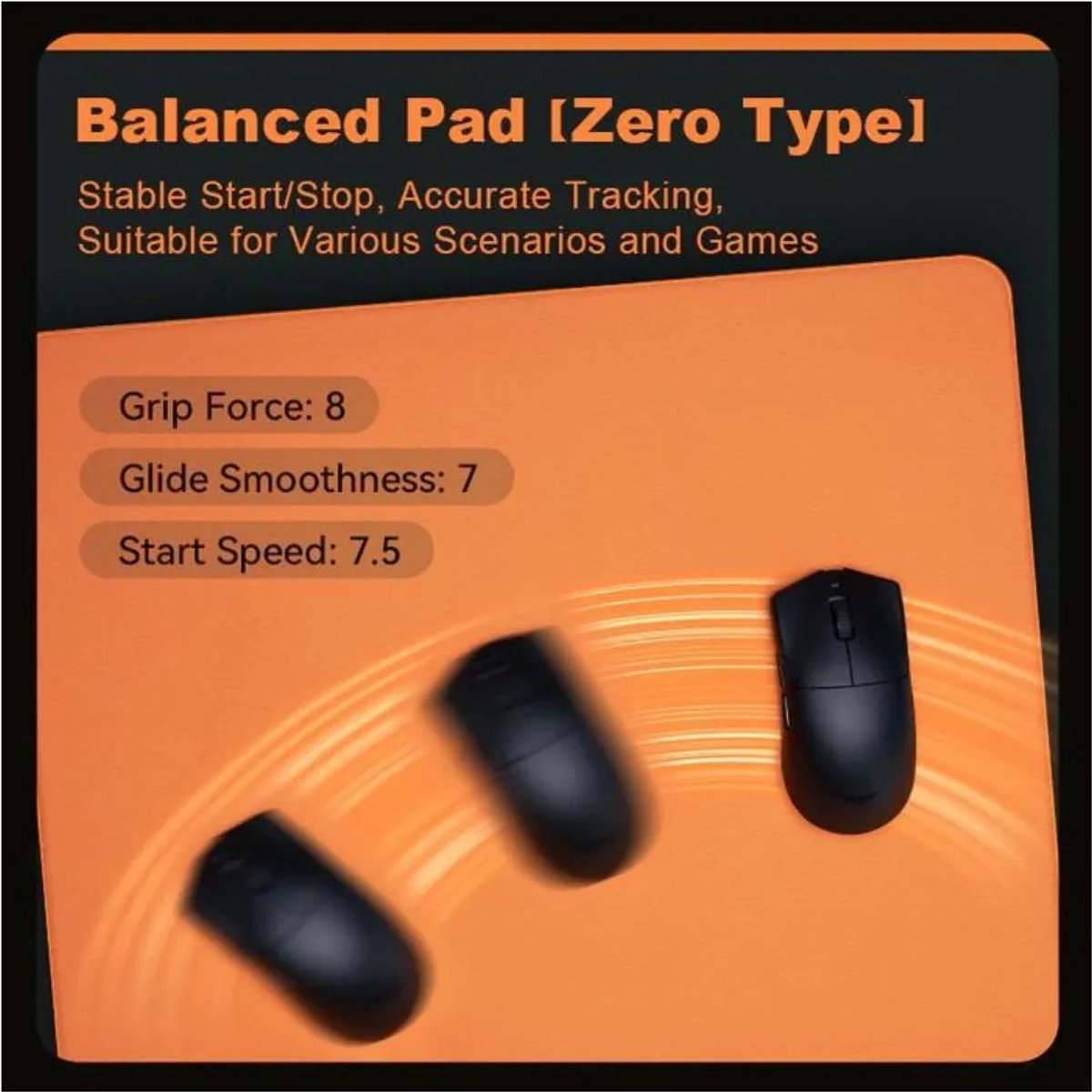 Orange mousepad with text about grip, glide, and speed. Three black mice.