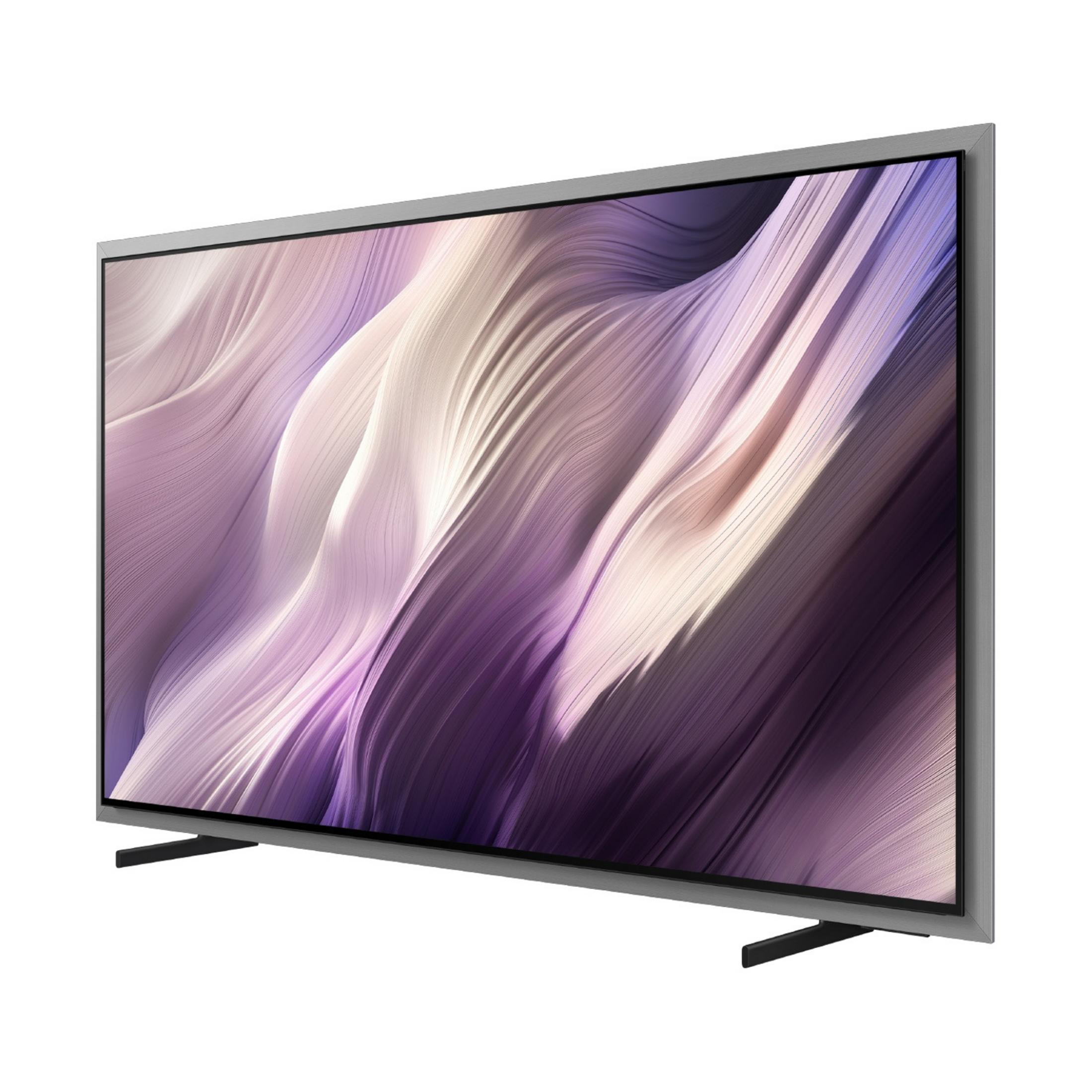 Una TV moderna a schermo piatto con cornice grigio argento e un motivo astratto e fluido sullo schermo.