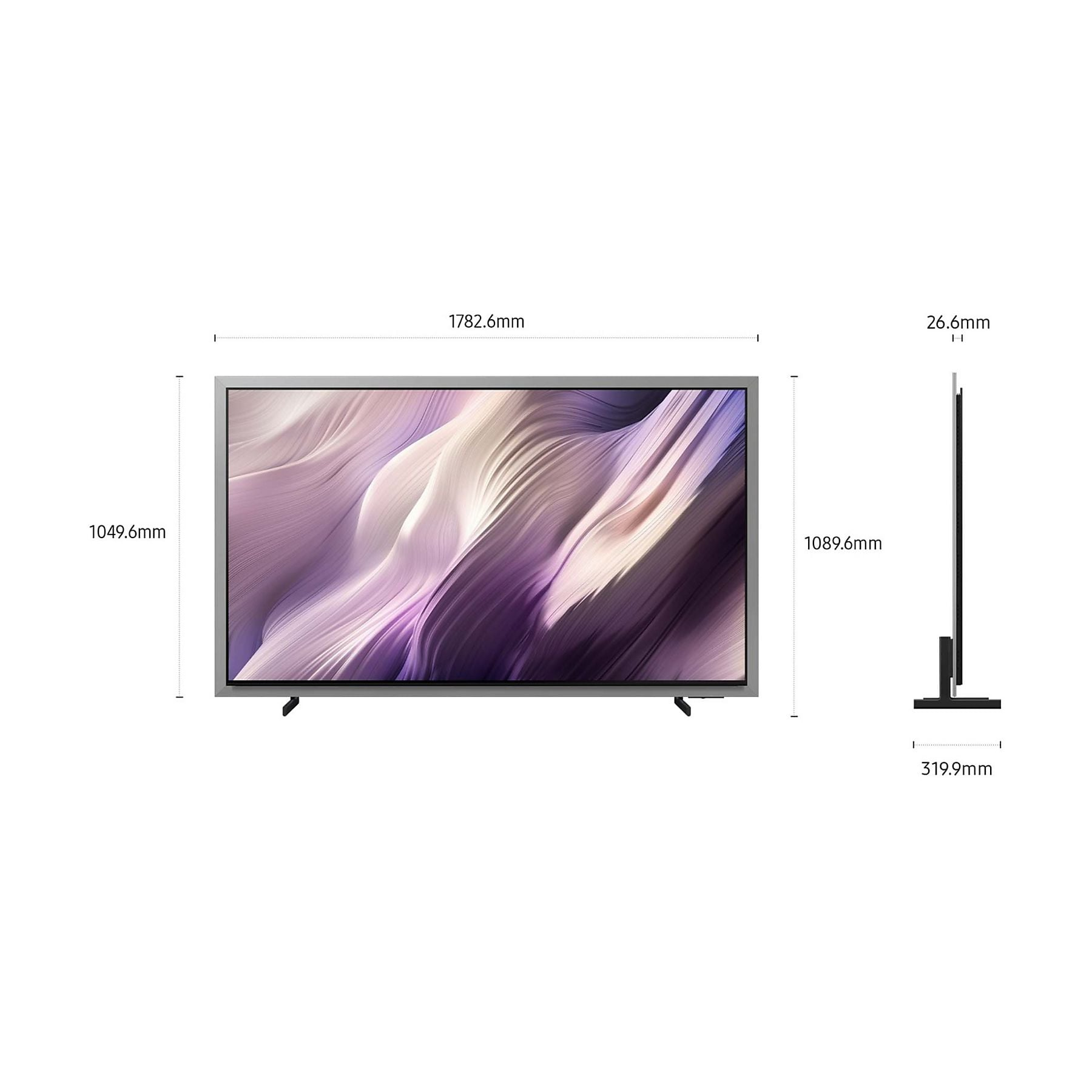 Una TV moderna con cornice sottile, mostra un motivo astratto. Dimensioni indicate.