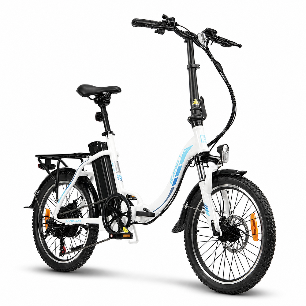 Ein weißes faltbares Elektrofahrrad mit schwarzen Akzenten und blauen Streifen.