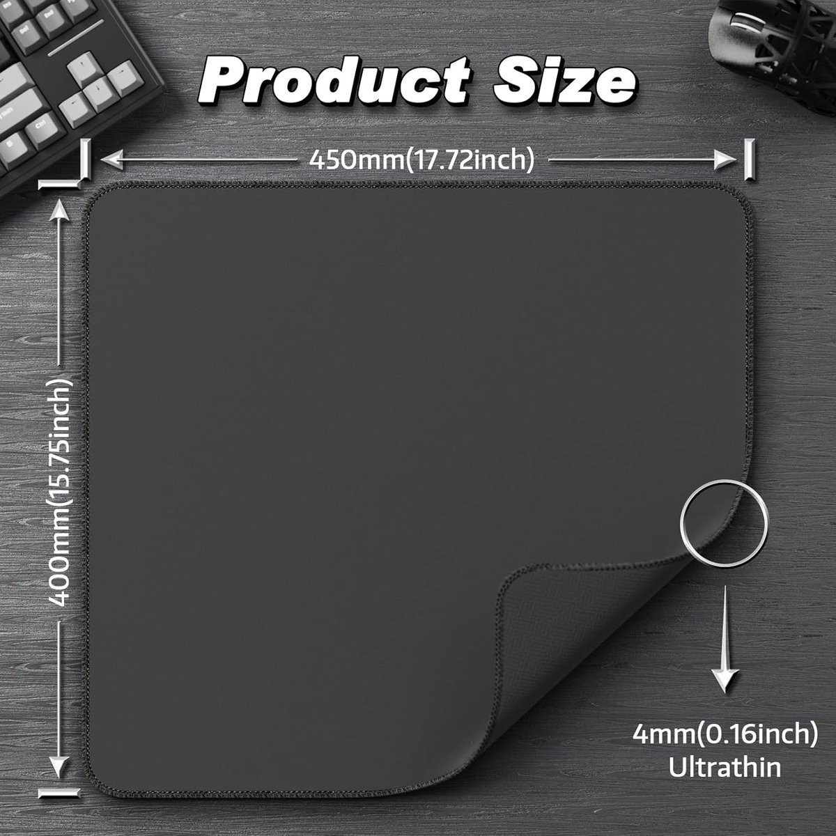 A black mousepad measuring 450x400mm and 4mm thick.