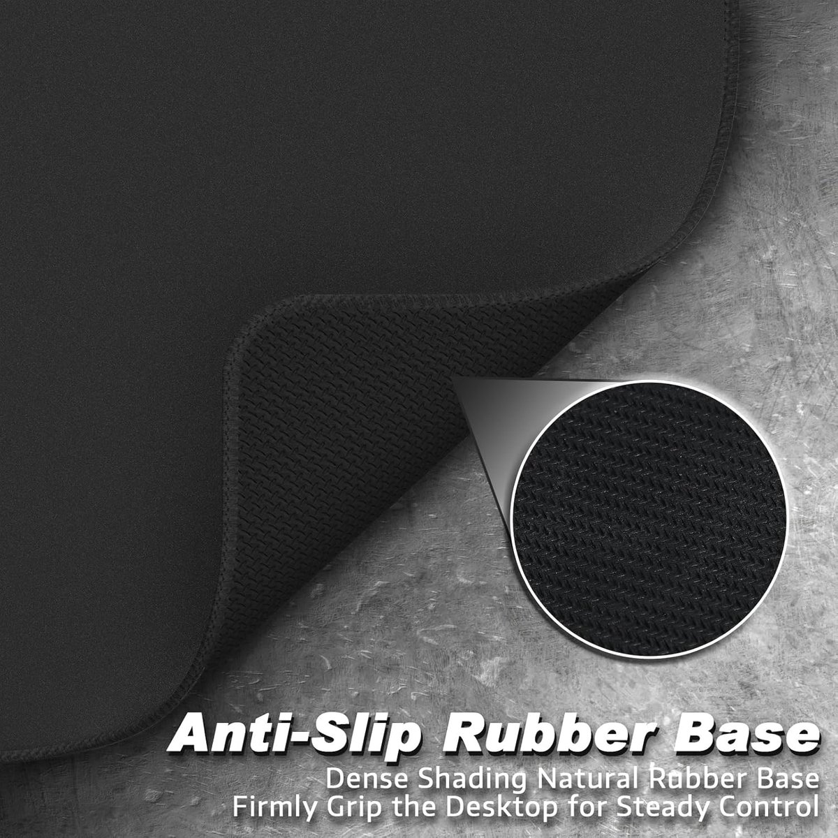 Black mousepad surface with highlighted rubber base for stability.