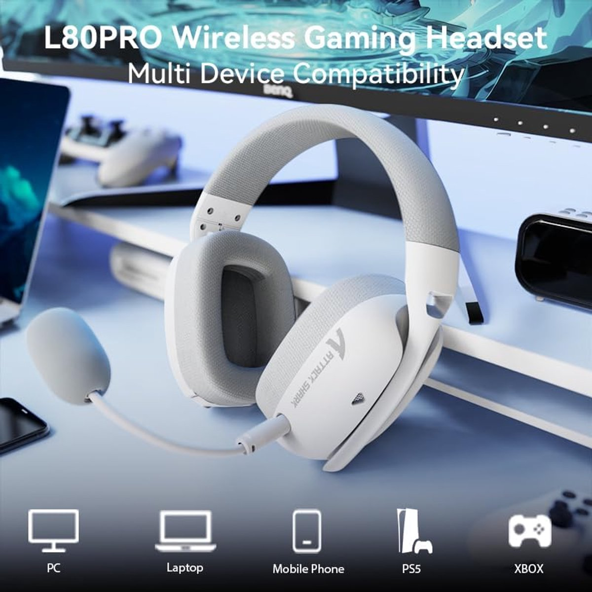 White gaming headset with mic on desk, showing device compatibility icons.