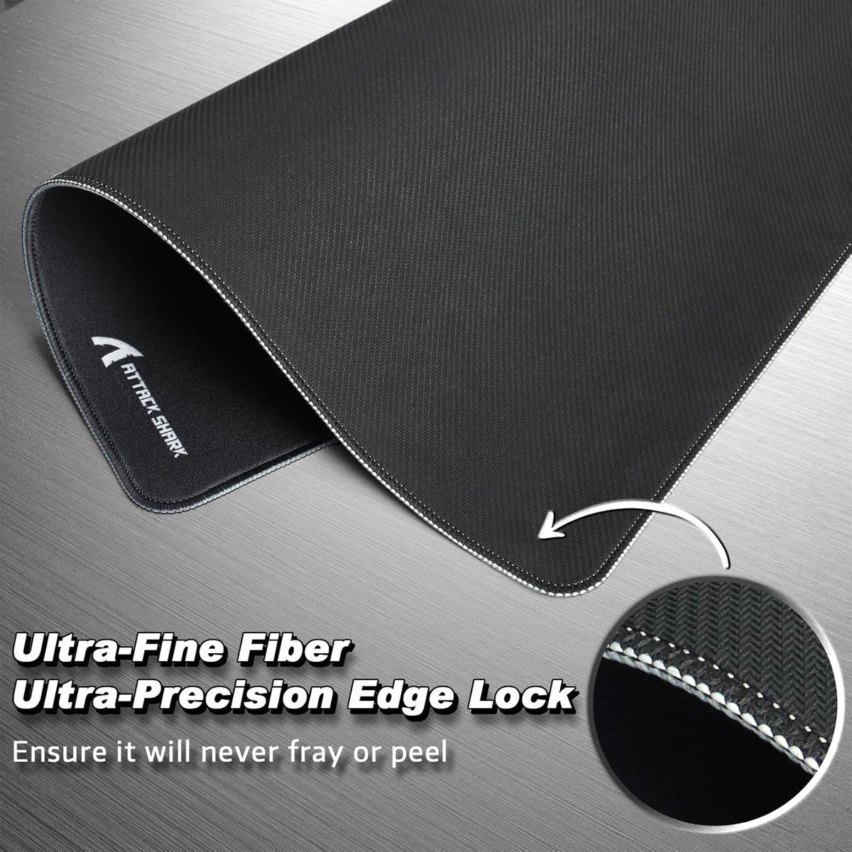 Black mousepad with "ATTACK SHARK" logo and close-up of the edge.
