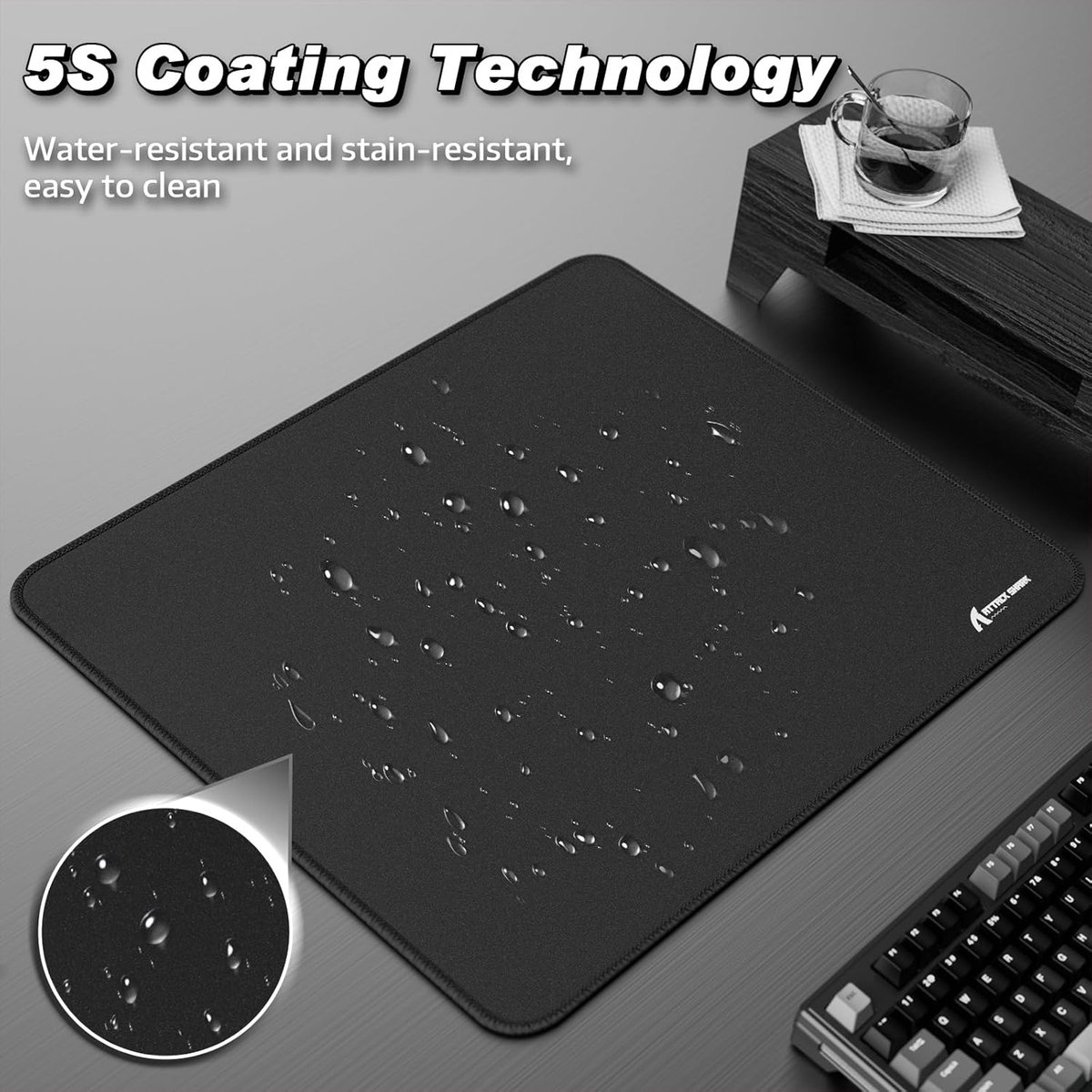 Black mousepad with water drops, "5S Coating Technology" text, and keyboard.