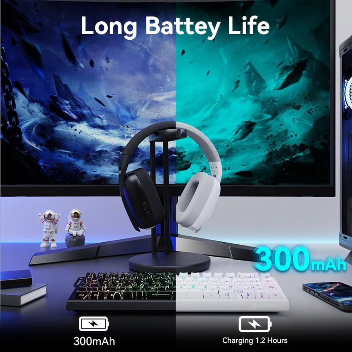 Headphones on stand, split screen with gaming graphics, keyboards, and astronaut figures.