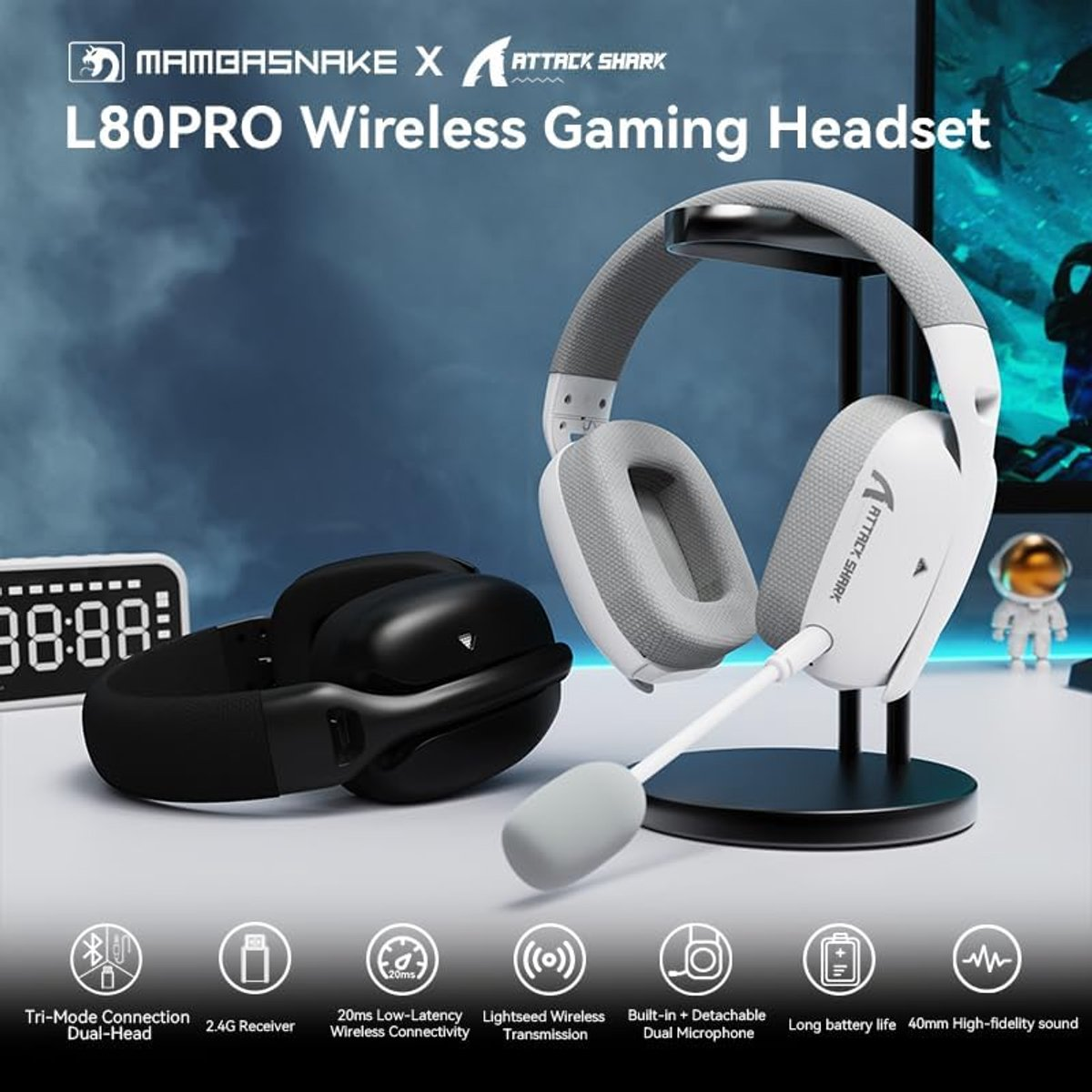 Two gaming headsets, white and black, with microphones. Product image with features.