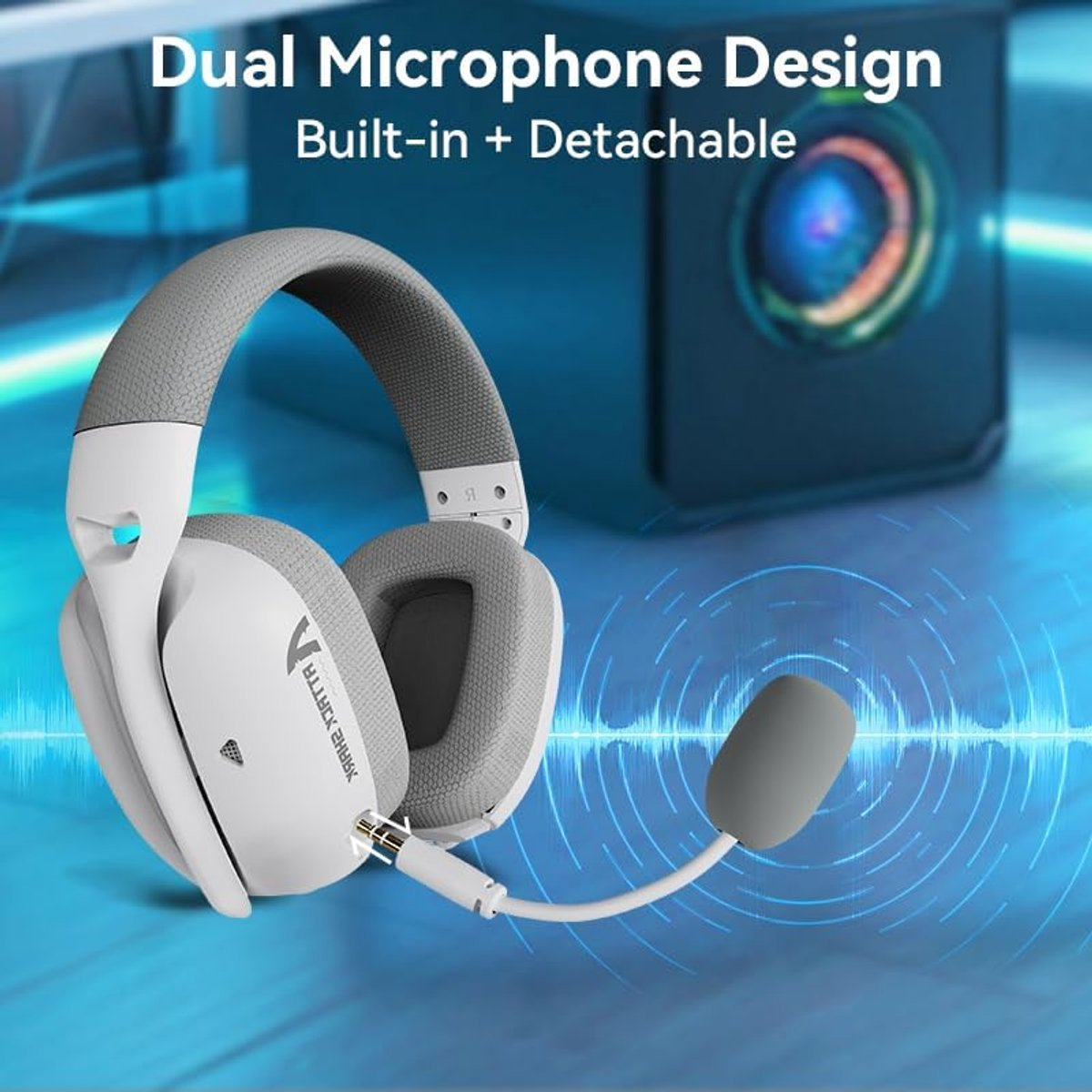 White headset with gray headband and detachable mic, against a blue background.