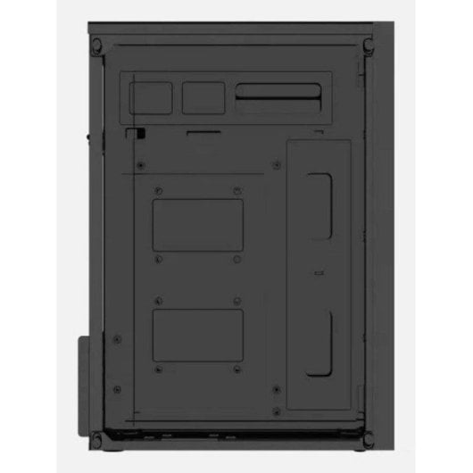 Vista posteriore di un case per computer nero. Mostra punti di montaggio per drive e slot.