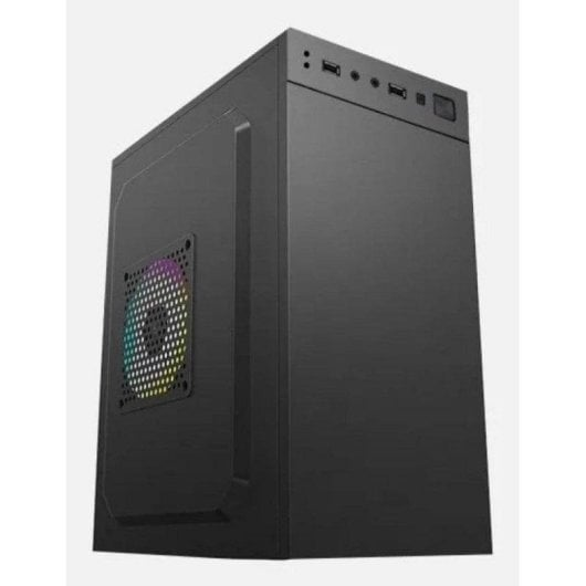 Case del computer nero con ventola RGB sul lato e porte in alto.