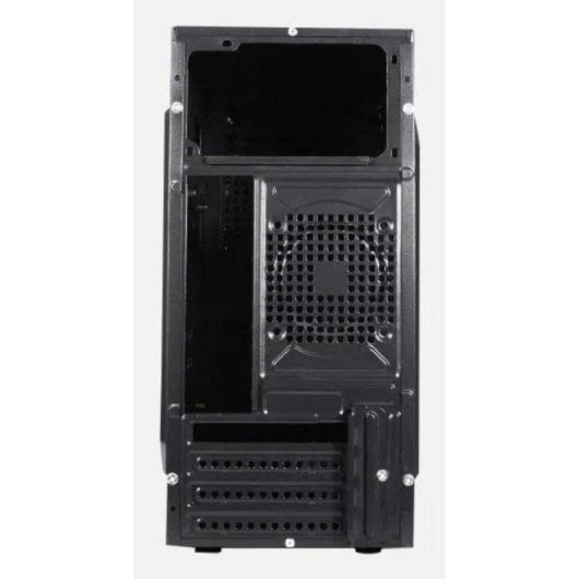 Vista posteriore di un case per computer nero con griglie di ventilazione e slot di espansione.