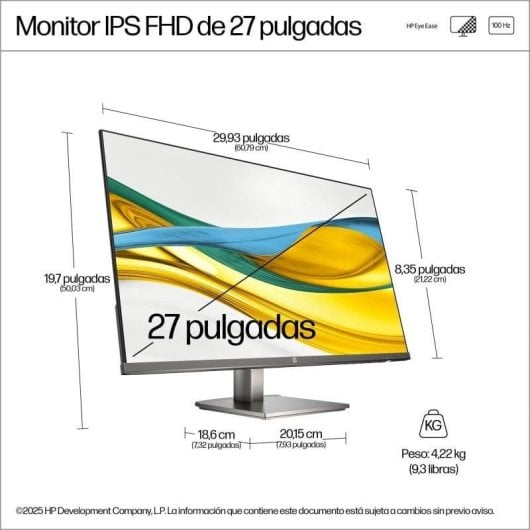 Monitor IPS FHD de 27 pulgadas con dimensiones y peso. Gráfico abstracto en pantalla.