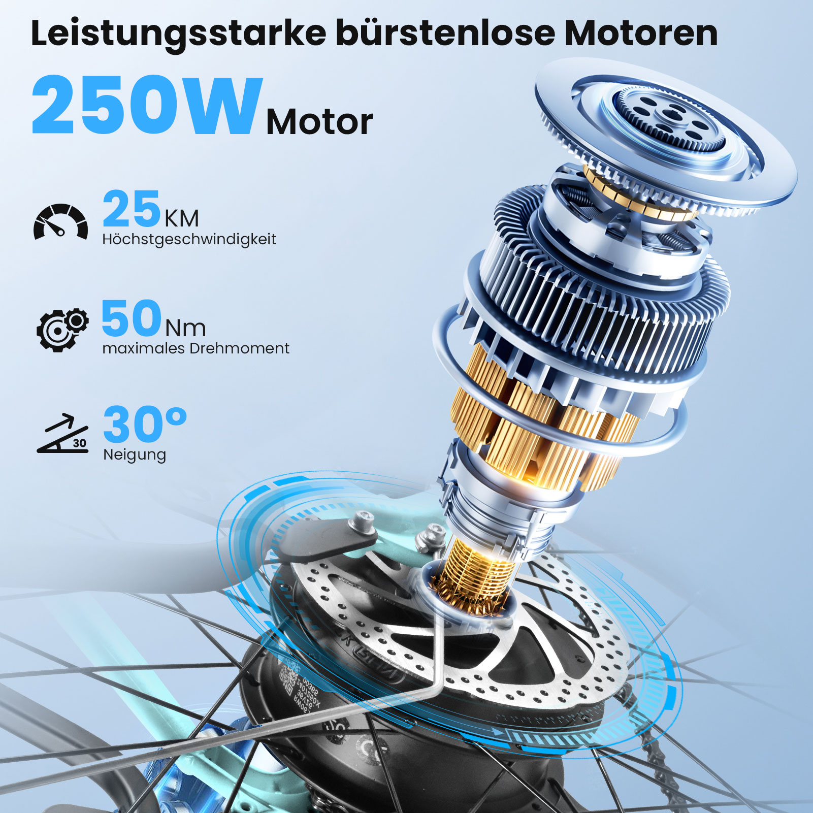 Detailansicht eines 250W bürstenlosen Motors mit Spezifikationen für Geschwindigkeit, Drehmoment und Neigung.