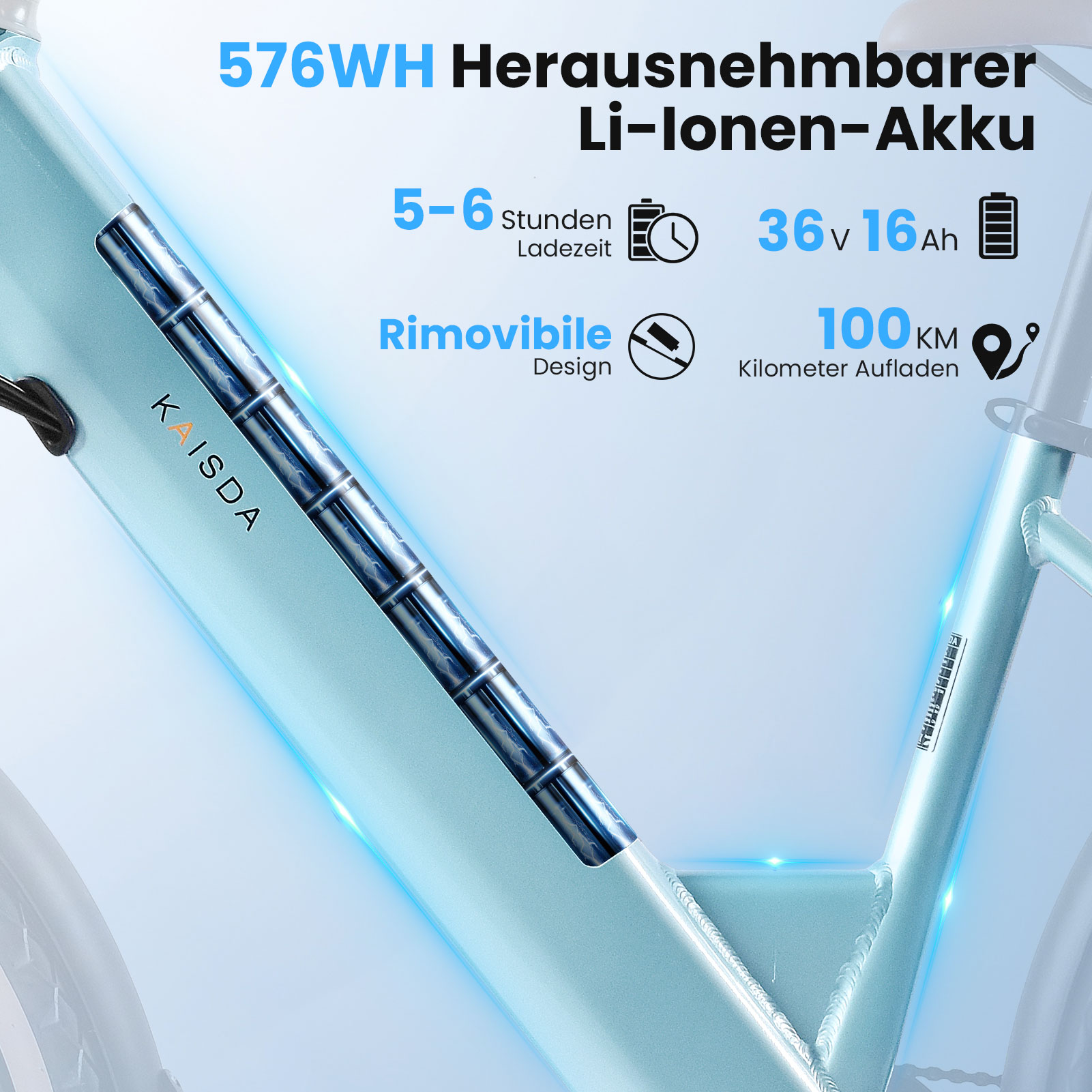 Hellblaues E-Bike mit sichtbarem Akku, 576Wh Kapazität, 36V 16Ah.