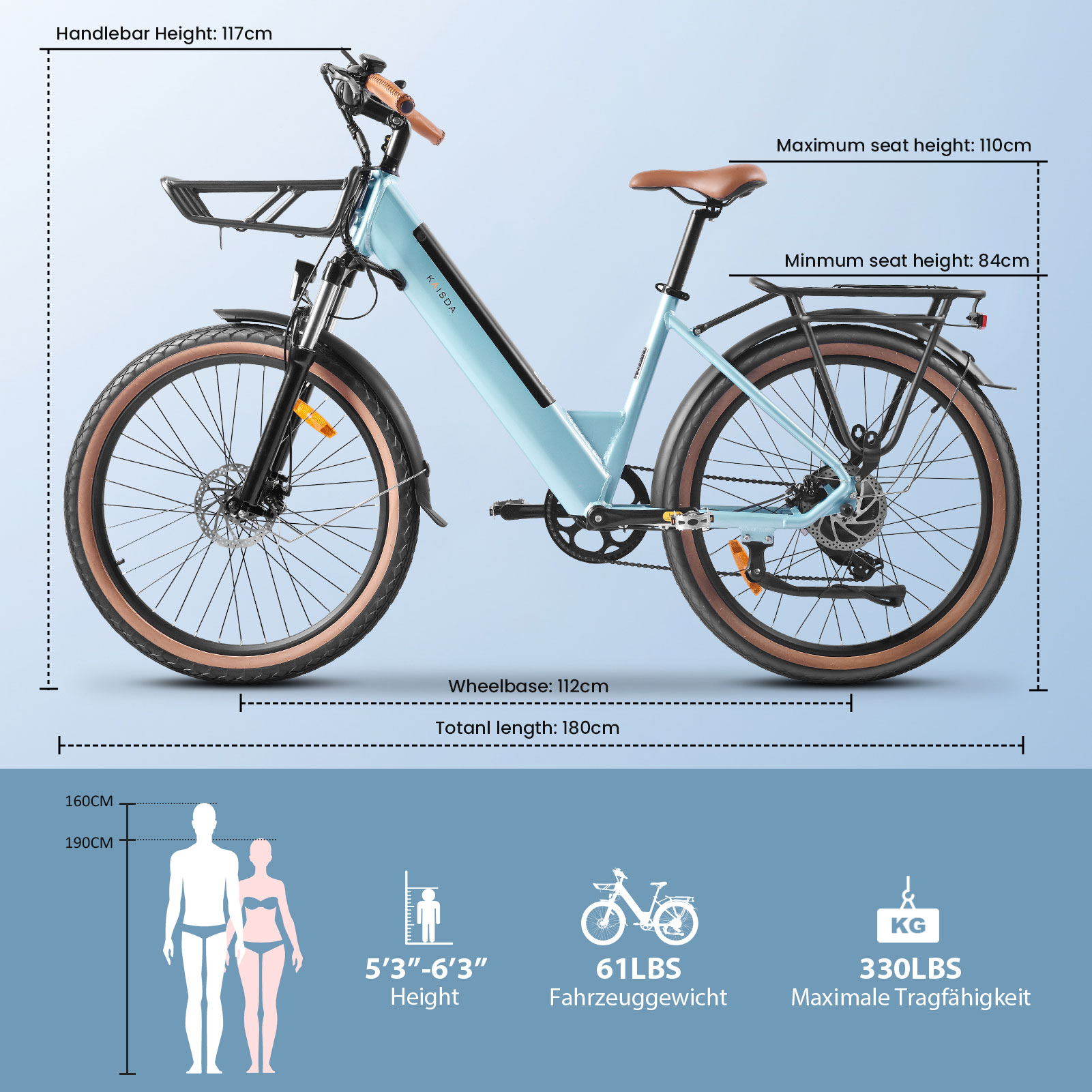 Ein hellblaues Fahrrad mit braunem Sattel und Griffen, Maße sind angegeben.