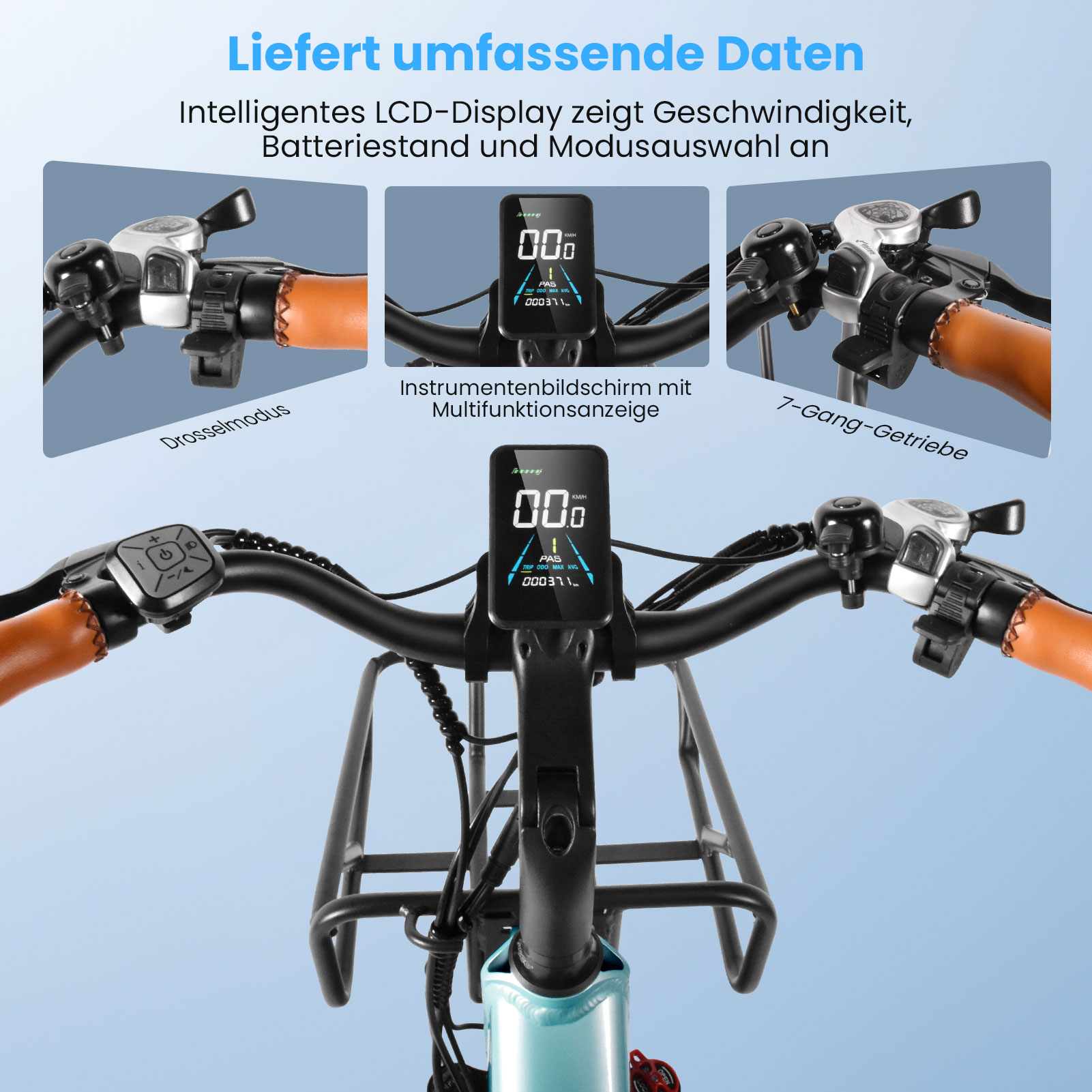 Nahaufnahme des Fahrradlenkers mit LCD-Display, Gasgriff und Gangschaltung.