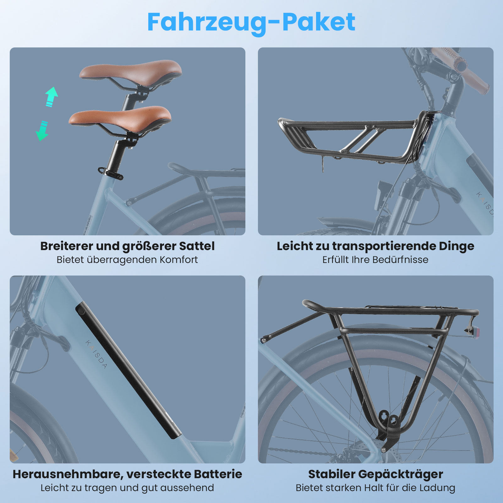 Vier Detailansichten eines Fahrrads: Sattel, Gepäckträger, Batterie und Frontgepäckträger.