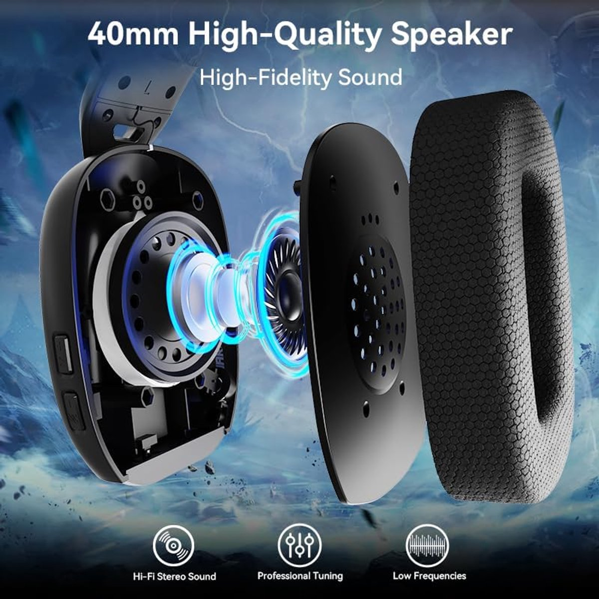 Exploded view of black headphones with 40mm speaker and blue accents.