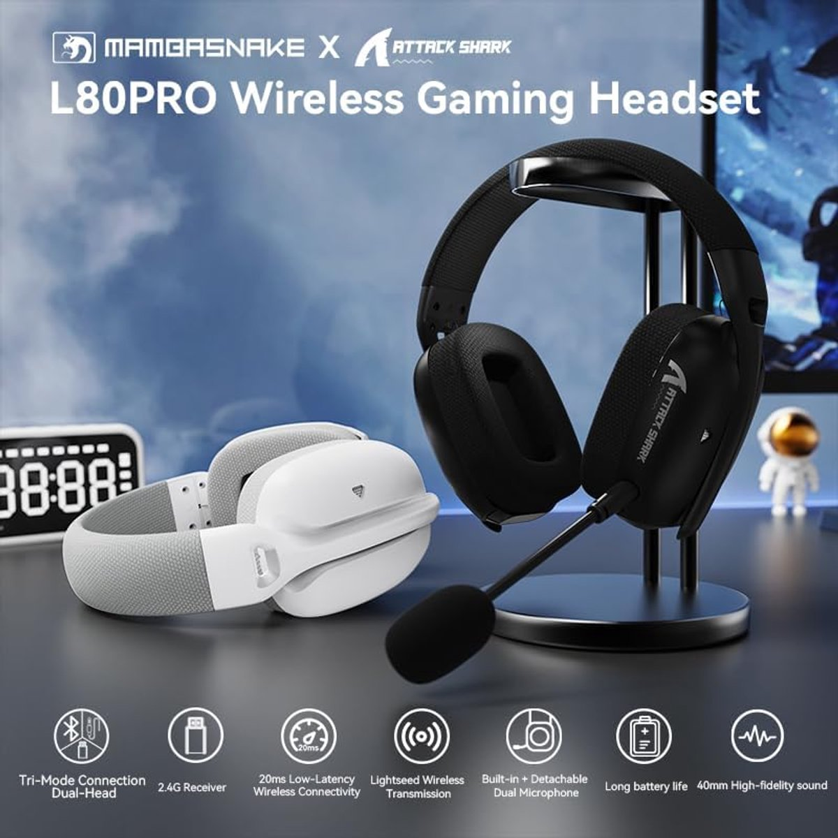 A black and white gaming headset displayed on a table. Features are listed below.