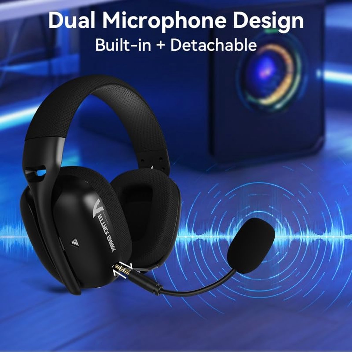 Black headphones with detachable microphone on a blue background with sound waves.