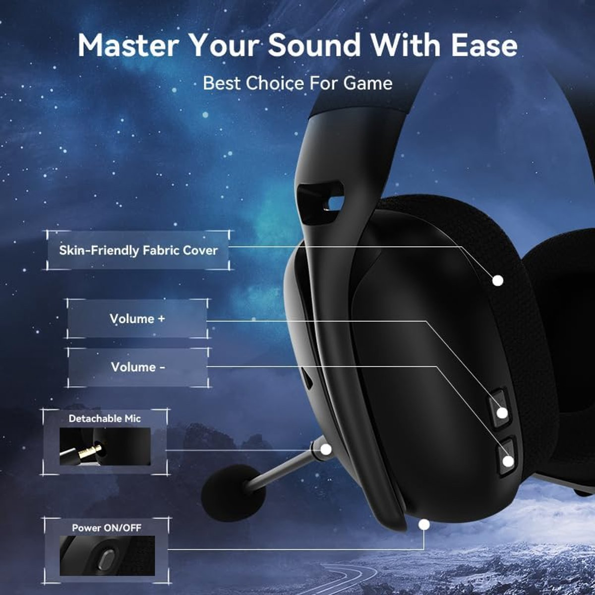Black gaming headset with detachable mic, volume controls, and fabric cover.