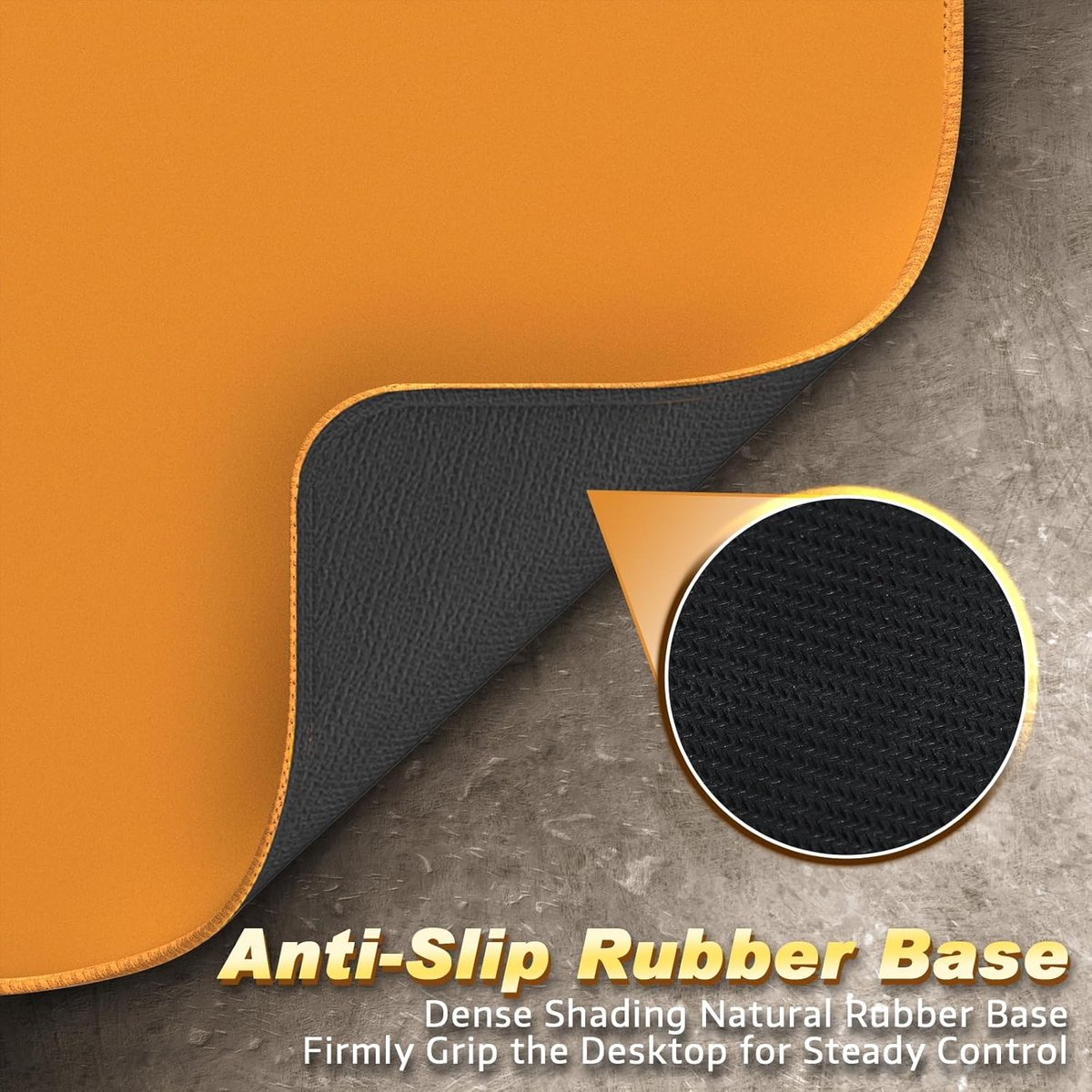 Orange and black mousepad surface with rubber base.
