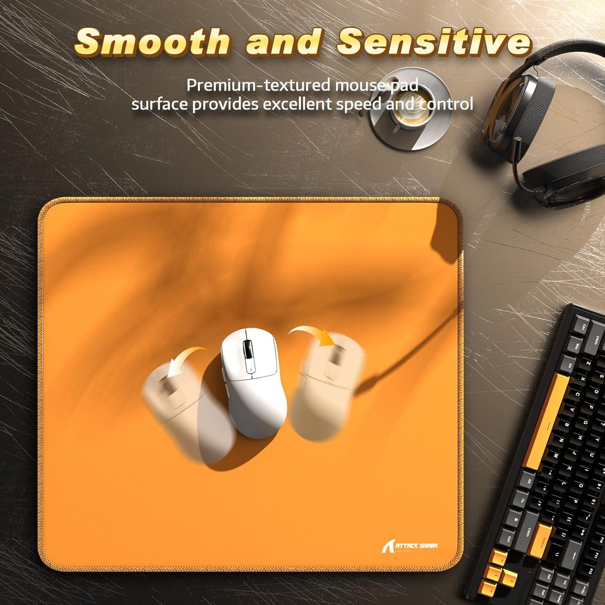 Orange mousepad with three mice, keyboard, headphones, and coffee cup on a textured surface.